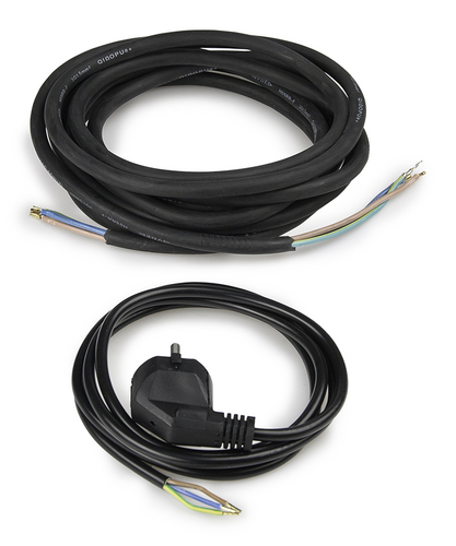 Kabelset: Schuko-Stecker 1,5 m und 4 m flexibles Feuchtraumkabel, abisoliert mit Aderendhülsen